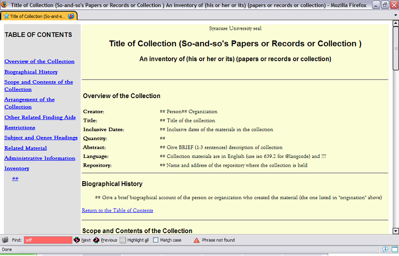 screen cap of EAD finding aid, as correctly displayed in web browser