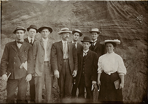 Photograph of students in Geology III  and Professor Thomas Cramer Hopkins 