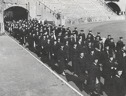 Photograph of graduates entering in procession during the 1954 commencement