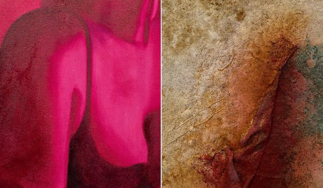 Close up of paintings, one monochromatic pink woman's shoulder, neck and chest and one a brown textured folded skin