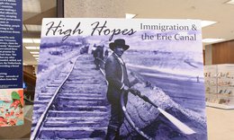 poster for High Hopes exhibit with blue image of man on a railroad