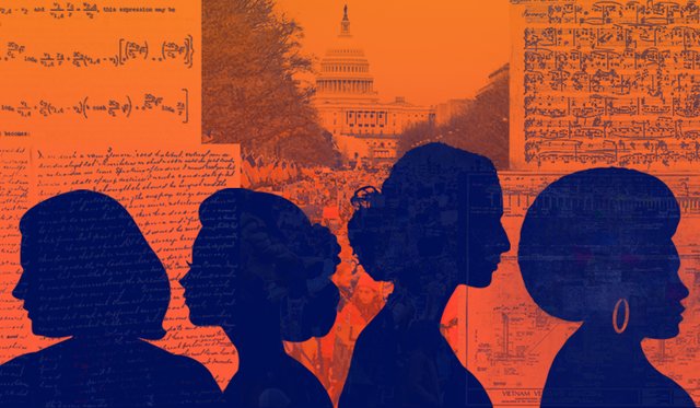 Orange collage background of handwritten letters, scientific formulas, sheet music and photo of Women's March at the U.S. Capitol with four dark blue silhouetted illustrations of women
