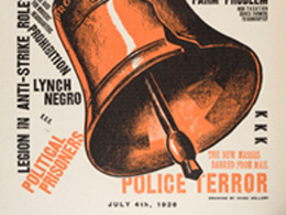 illustration of copper bell with words behind it that read "police terror" "political prisoners" "lynch negro" "lesson in anti-strike" "kkk"