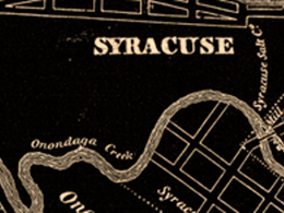 black map with beige lines and word Syracuse at top